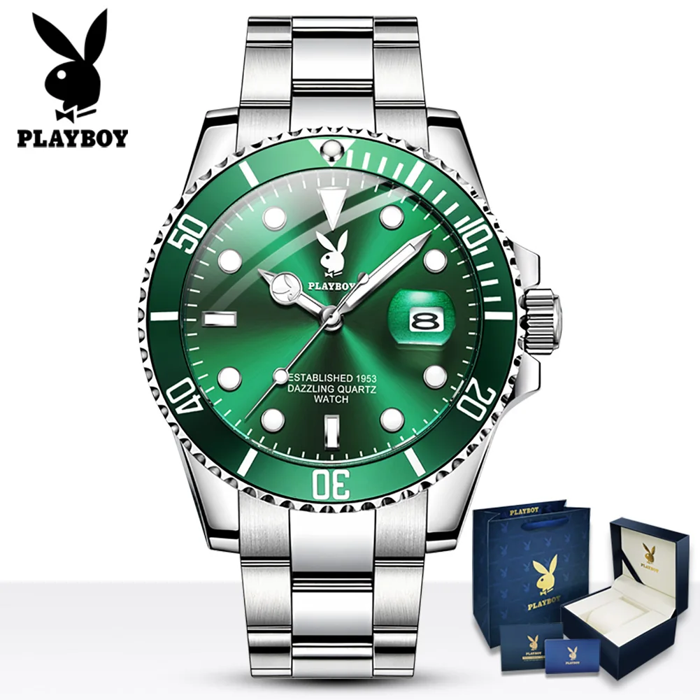 

PLAYBOY Luxury Men Watch Original Green Waterproof Quartz Sports Stainless Steel Rolexable Top Brand Wristwatch Reloj Hombre