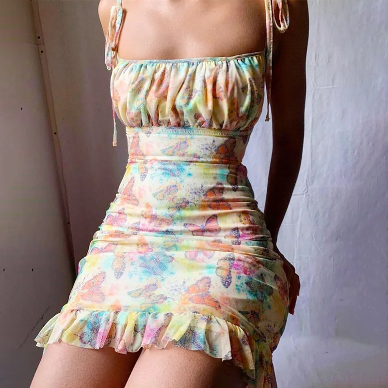 

2020 Sleeveless Butterfly Print Ruffles Bandage Sexy Mini Dress Summer Women Fashion Streetwear Outfits Pencil Sundress