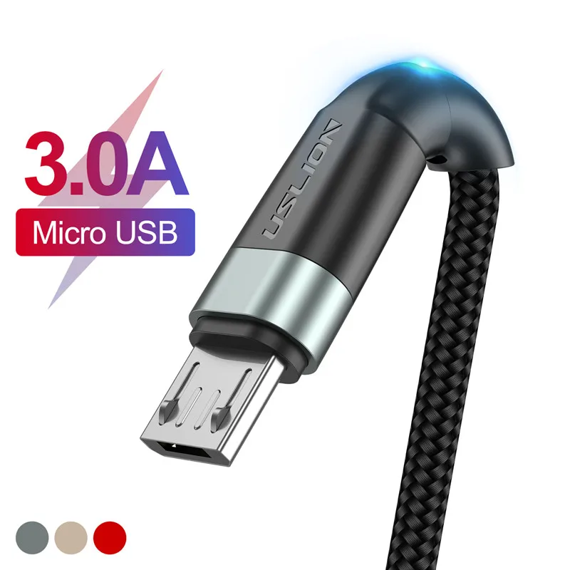 Серый USLION 1 м 2 м кабель Micro USB 3A быстрое зарядное устройство для Xiaomi Redmi 4x Note 5a быстрое зарядное устройство кабель для передачи данных Microusb для samsung S7 Edge J7 - Цвет: Серый