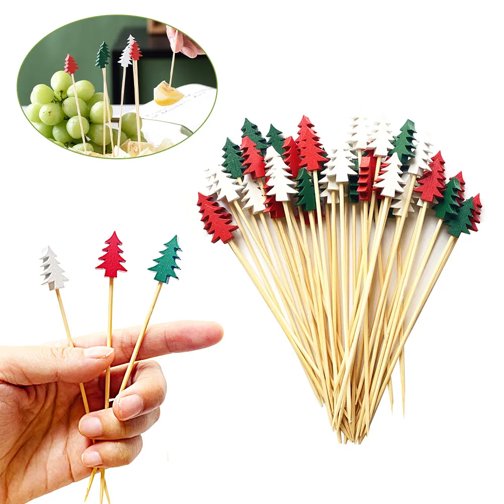 

100 Pcs Christmas Disposable Bamboo Picks Food Fruit Cocktail Handmade Toothpicks Picnic Party Supplies Home Decoration 2022