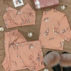 3 шт., Женский мягкий пижамный комплект с бюстгальтером и цветочным принтом