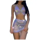 Короткий костюм, модный сексуальный Блестящий шелковый костюм с открытой спиной И пупком на шнуровке, прозрачный Комплект из двух предметов, Женский Топ И Комплект