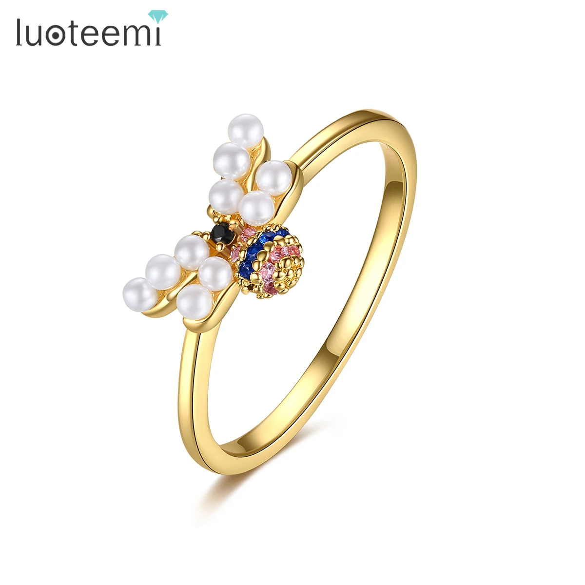 

LUOTEEMI Cute Bee Gold Color Ring for Women Imitation Pearl with High Quality Cubic Zirconia Anillos Friends Gifts Bague Femme