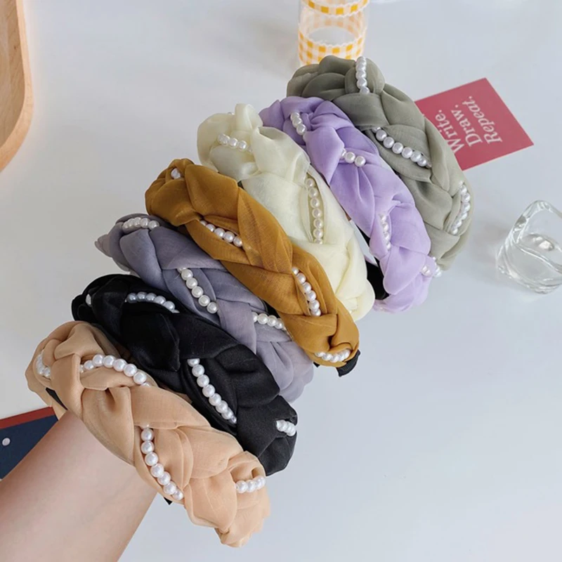 Повязка для волос плетеная с жемчугом летняя эластичная широкая сетчатая лента в