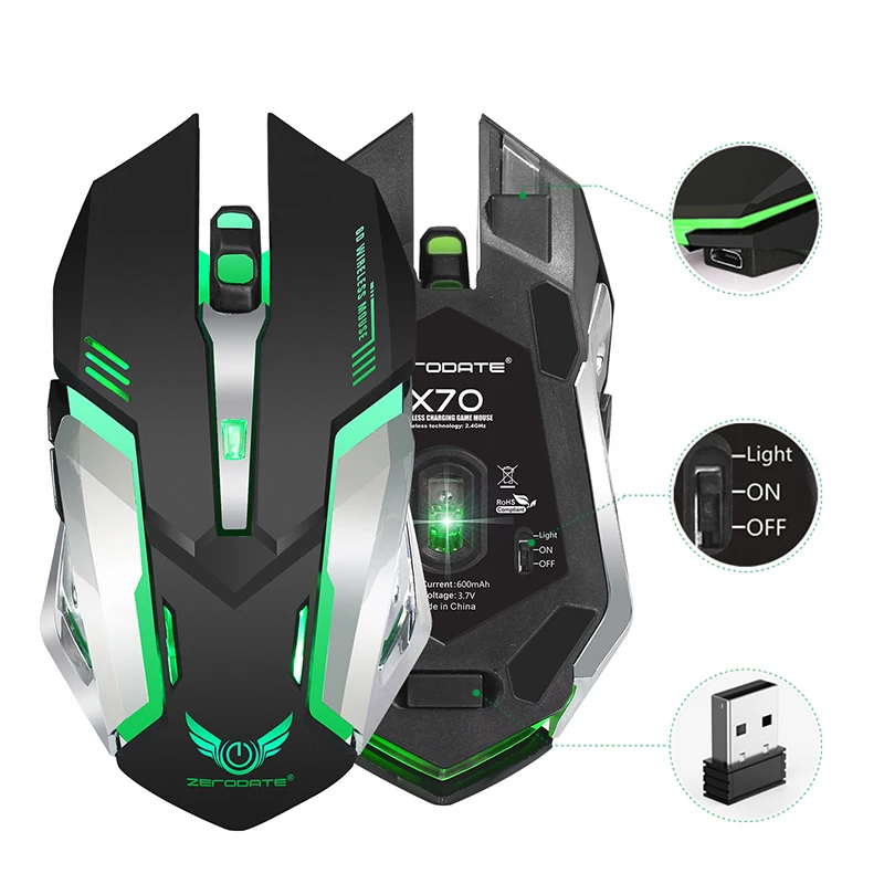 X70 красочная блестящая игровая мышь 2 4G заряжаемая беспроводная встроенный 600