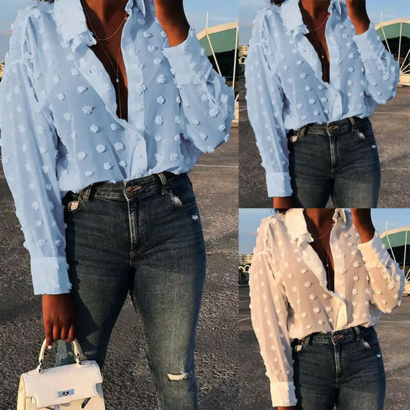 

New Women Blouse White Blue Ladies Oversized Long Sleeve V Neck Shirt Top Blouse S/M/L/XL