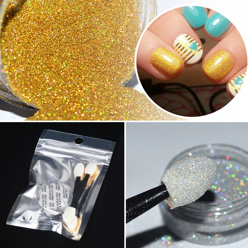 

1g/Box Holographic Nail Glitter Powder & 2pcs Brush Nail Art Holo Glitters Powder Dust Shinny Gold Sliver Nail Art Decorations