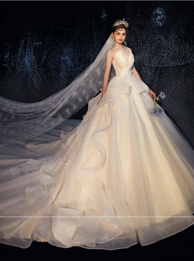 Vivian's Bridal роскошное звездное небо Принцесса бальное платье свадебное платье сексуальное зубчатое без спинки Ruched Ruffles блестящее свадебное платье