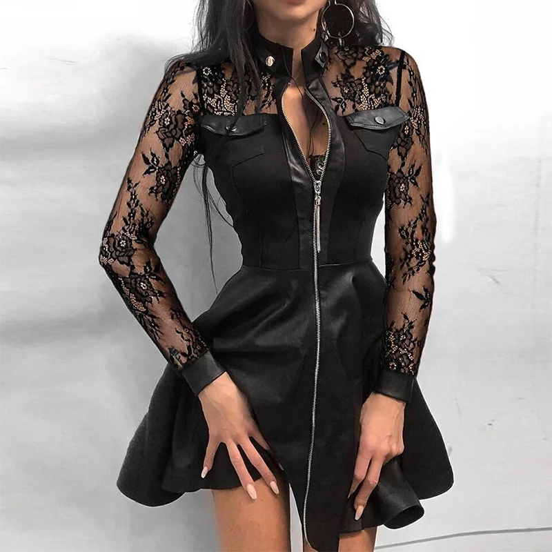 

Lace Mesh Sleeve Patchwork Women Sexy Dress Autumn Stand Collar Print Zipper Pocket PU Leather Dress Elegant Slim A-Line Dresses