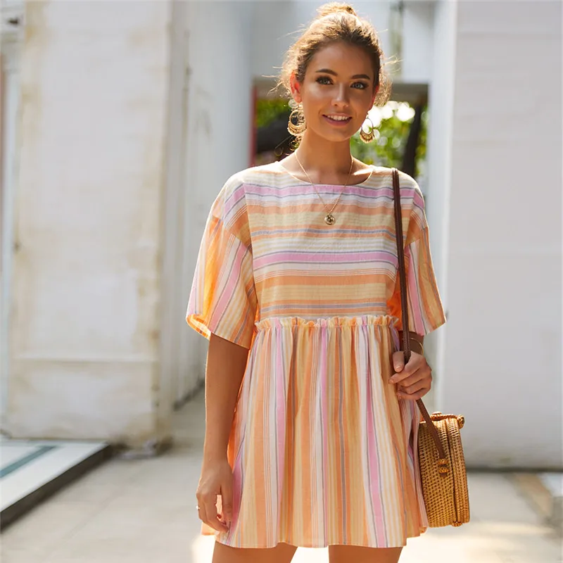 

2021Fashion New Ladies Elegant A-line O-neck Half Sleeve Above Knee Dress Summer Sweet Oversize Women's Striped Patchwork Dress