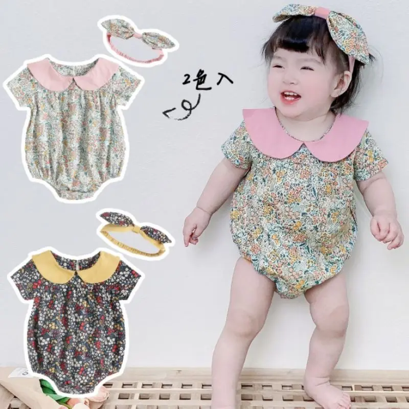 

New Infant Toddler Newborn Baby Girls Flower Printed Short Sleeve Bodysuit Sunsuit Jumpsuit Casual Clothes for Girls