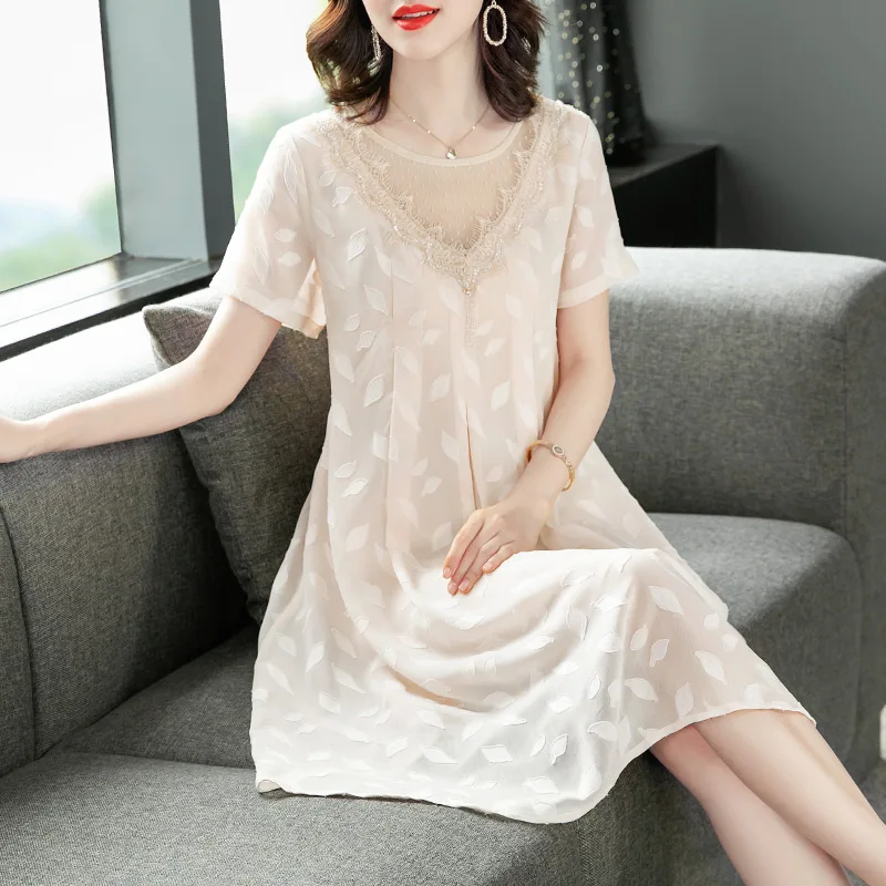 

Large Size Women's New Summer Short Sleeve Loose-Fit Long Solid Color Jacquard Beaded Chiffon Dress
