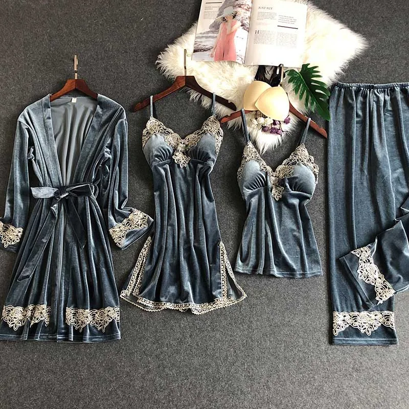 Женская зимняя теплая Пижама 4 шт. золотистый бархатный сексуальный кружевной