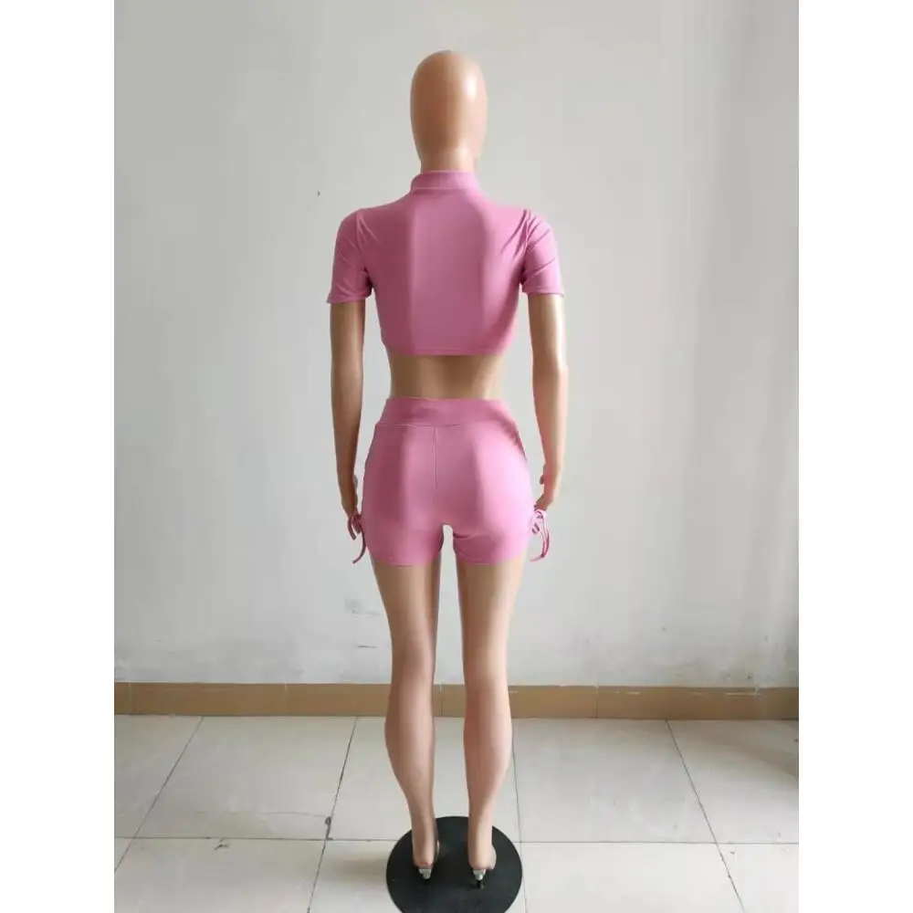 

Women's Solid Casual 2 Pieces Tracksuits Round Neck Short Sleeve Hollow Out Crop Top+Drawstring Side Ruched Fit Slim Mini Shorts