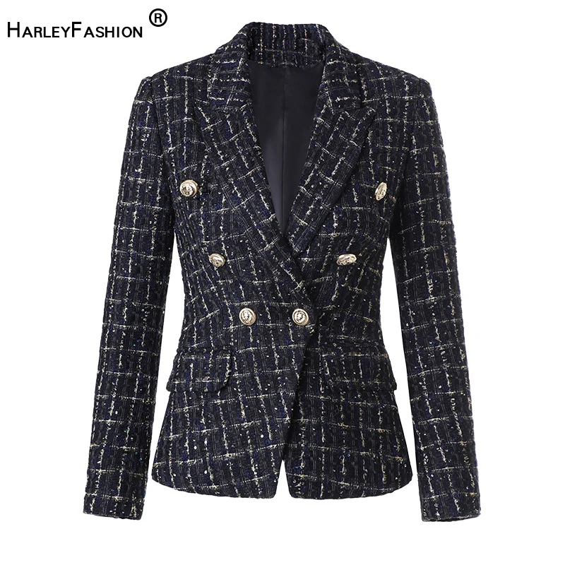 

HarleyFashion Autumn Winter Women Luxury Tweed Jacket Slim Design Casual Thick Gold Thread Femal Plaid Blazer High Quality