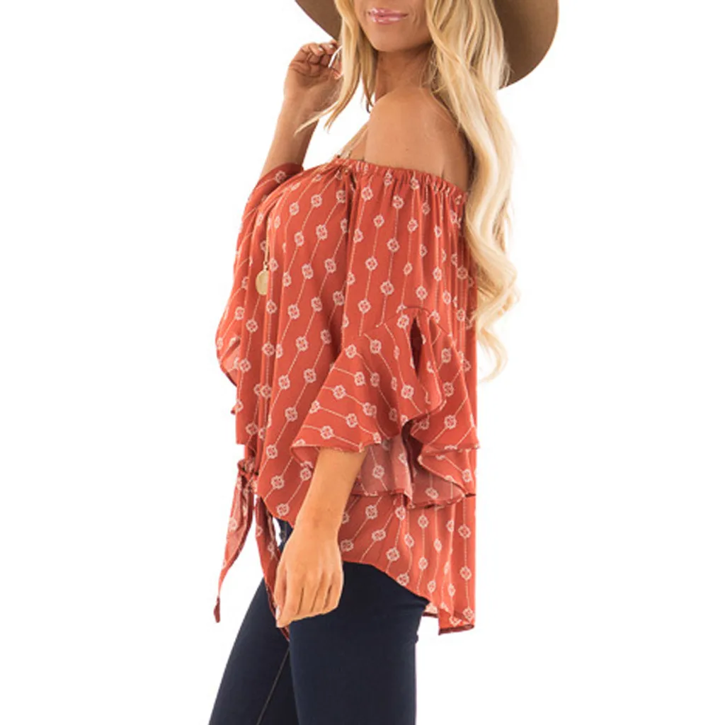 Womens Off Shoulder Top Retro Print Three Quarter Sleeve Tops And Blouses Summer VogueTunic Shirt Tie Blusas Femininas |