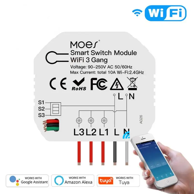 

Tuya WiFi Smart Light Switch Mini DIY 3 Gang 1/2 Way Module Smart Life/Tuya App Control Works With Amazon Alexa And Google Home