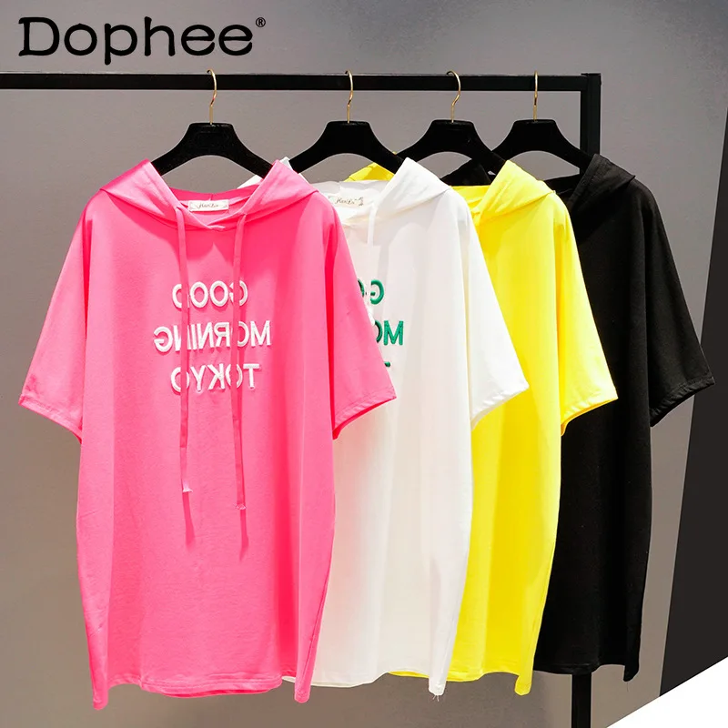 

Женская Однотонная футболка с капюшоном, простая свободная хлопковая футболка средней длины с коротким рукавом летучая мышь, в Корейском с...