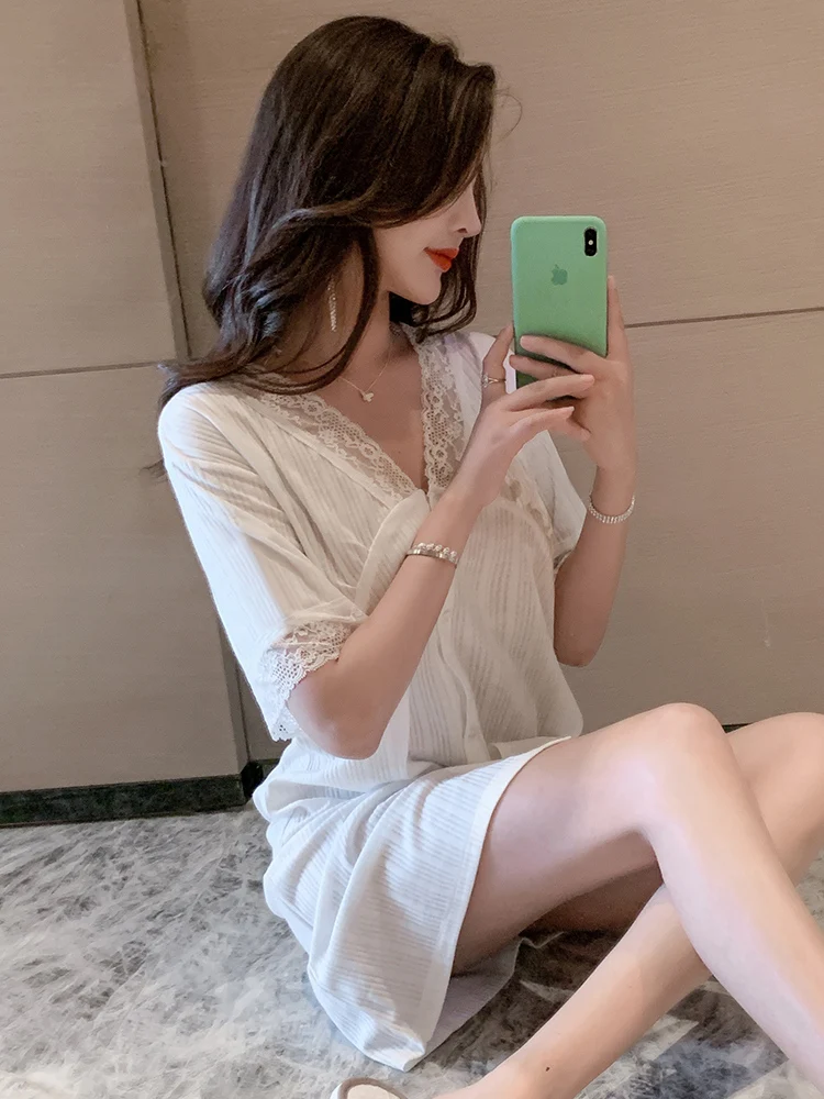 Pajamas Nightdress Women's Summer Short-Sleeved Cotton Thin New Cardigan Cute Princess Style Home Wear sleeping dress
