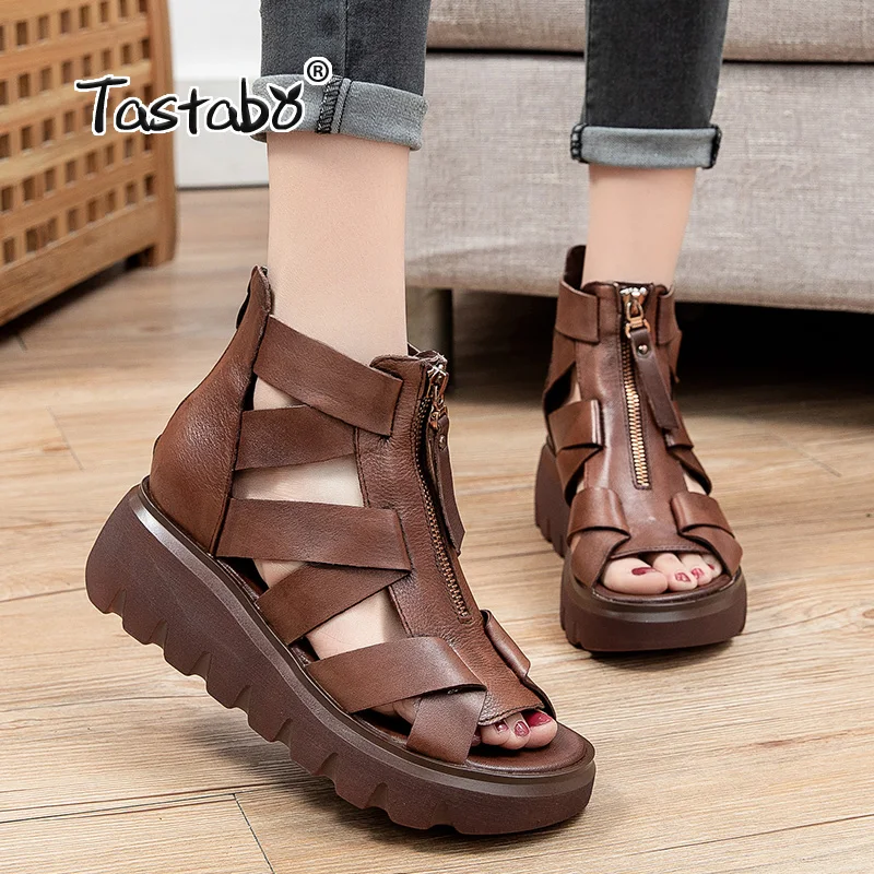 

Genuine Leather Sandals Summer Women Ankle Boots Casual Retro Handmade Women shoes Hollow Buckle Chunky Black Boot Sandal S8856