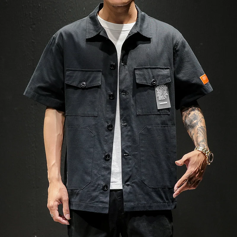 

Мужская рубашка в стиле сафари, уличная одежда 2020, мужские японские рубашки, повседневные корейские мужские рубашки с большими карманами, л...