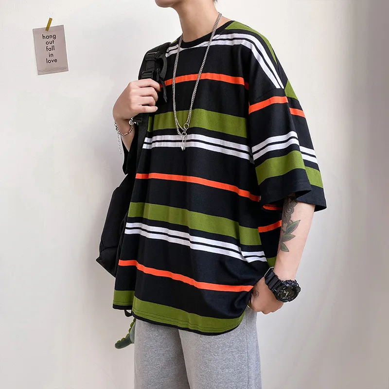 

HLM 2021 Summer Striped Casual Oversized T-shirt Short Sleeve Young Style Students Tshirts Harajuku Style Couple Loose Tops