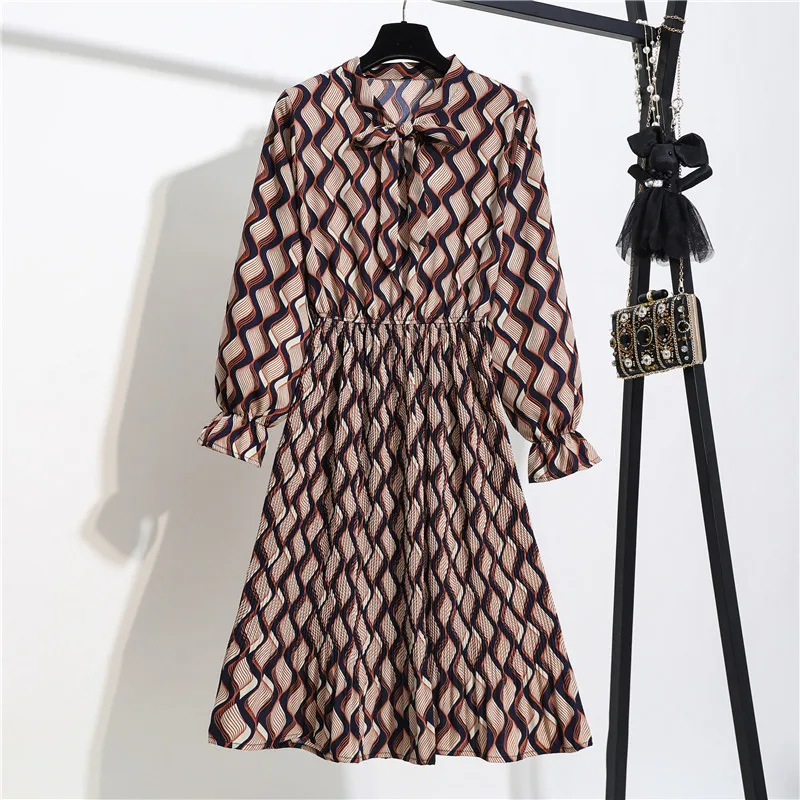 

Women New Spring Summer Dress Elastic Waist Vintage Chiffon Pleated Yellow Black Floral Bow Long Sleeve Dresses Polka Vestidos