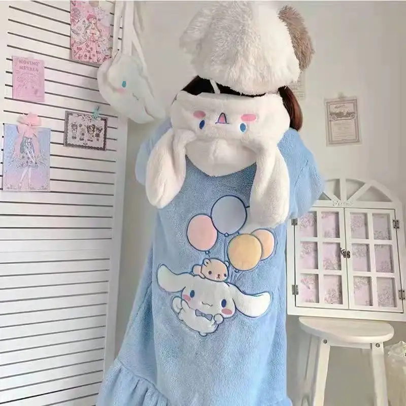 Kawaii Winter Thick Plush Pajamas for Women Flannel Long Sleeve Cute Cartoon Nightdress Embroidery Long-eared Dog Nightgown Robe