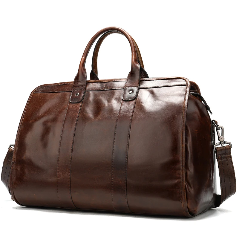 

Smooth Leather Travel Bag Men Women Unisex Vintage Travelling Bags Hand Luggage Brown Cowhide Travel Totes High Capacity