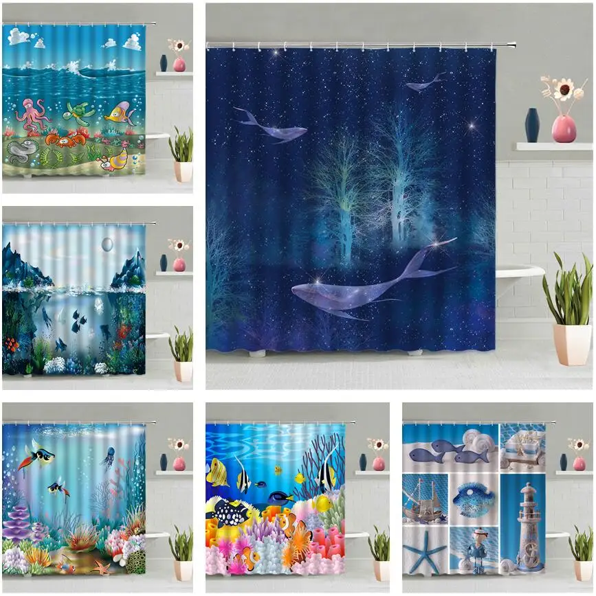

Cartoon Blue Whale Shower Curtain Underwater World Ocean Animal Children Bathroom Wall Hanging Curtains Waterproof Screen Decor