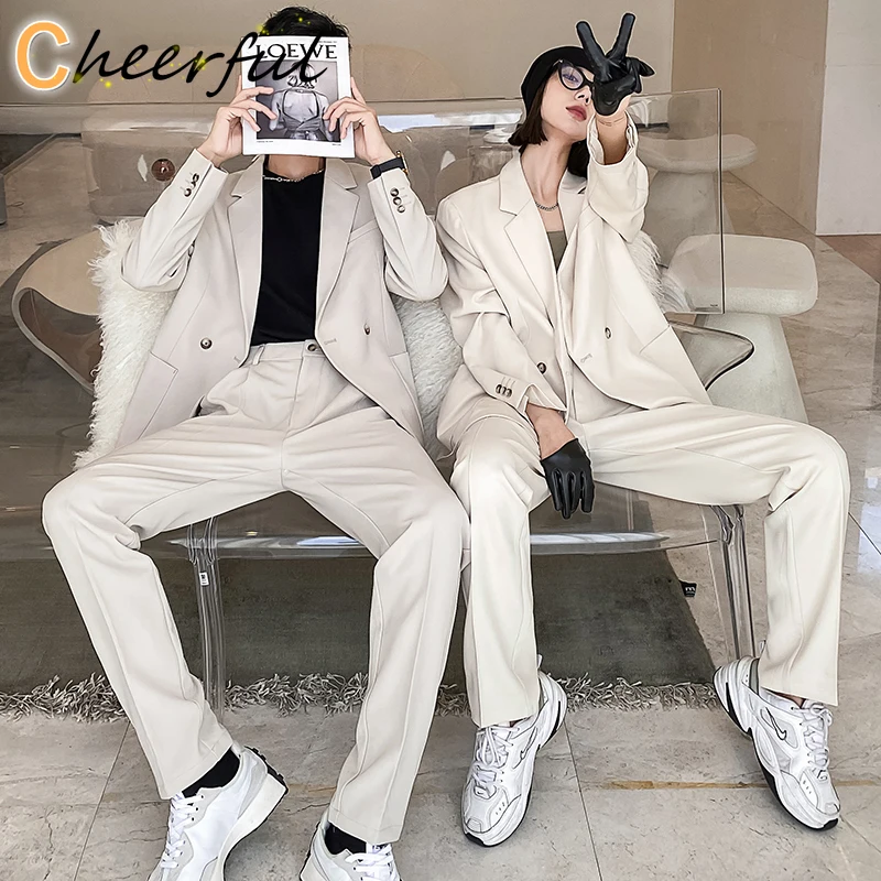 

Мужские и женские комплекты, парные костюмы, модные повседневные Костюмы, куртка и брюки, Мужская Корейская уличная одежда, винтажные офисн...