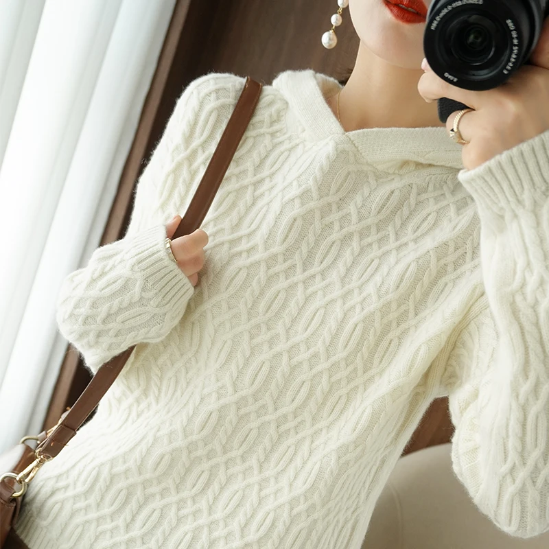 

Новинка Осень-зима женский свитер с капюшоном 100% чистый свитер плотный свитер с витой цветочной завязкой свободная вязаная рубашка пуловер