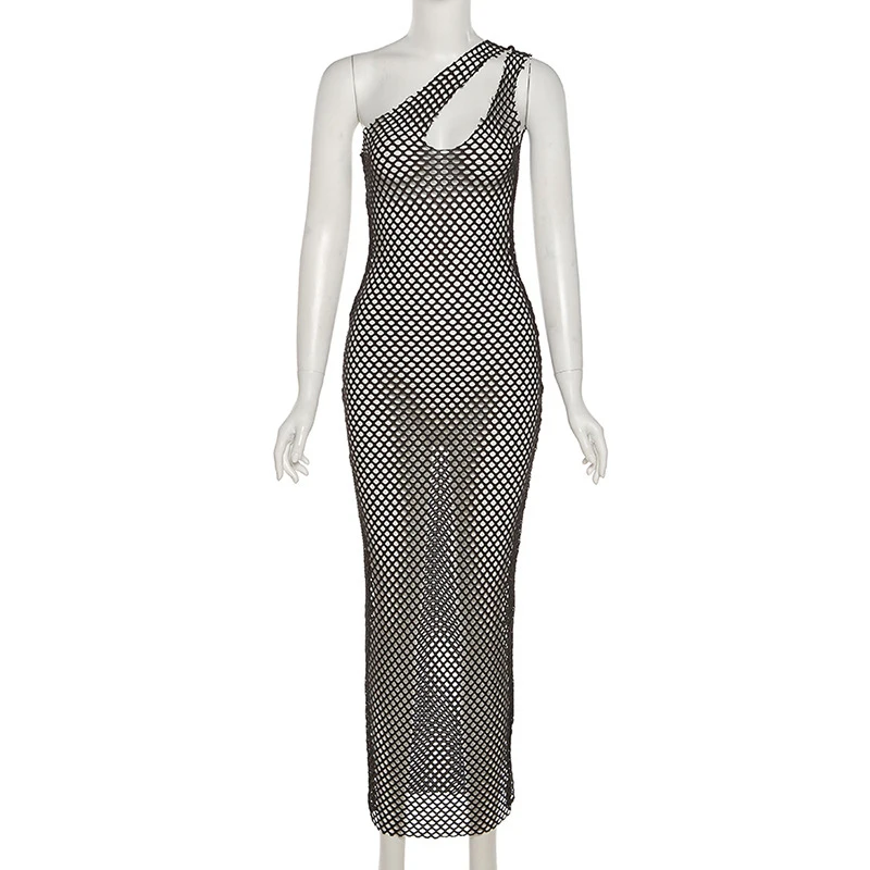 

DSMTRC Summer Sexy Women Sleeveless Skew Collar Party Clubwear Slim Long See Through Dress Outfits Mesh Black Cut Out Dress