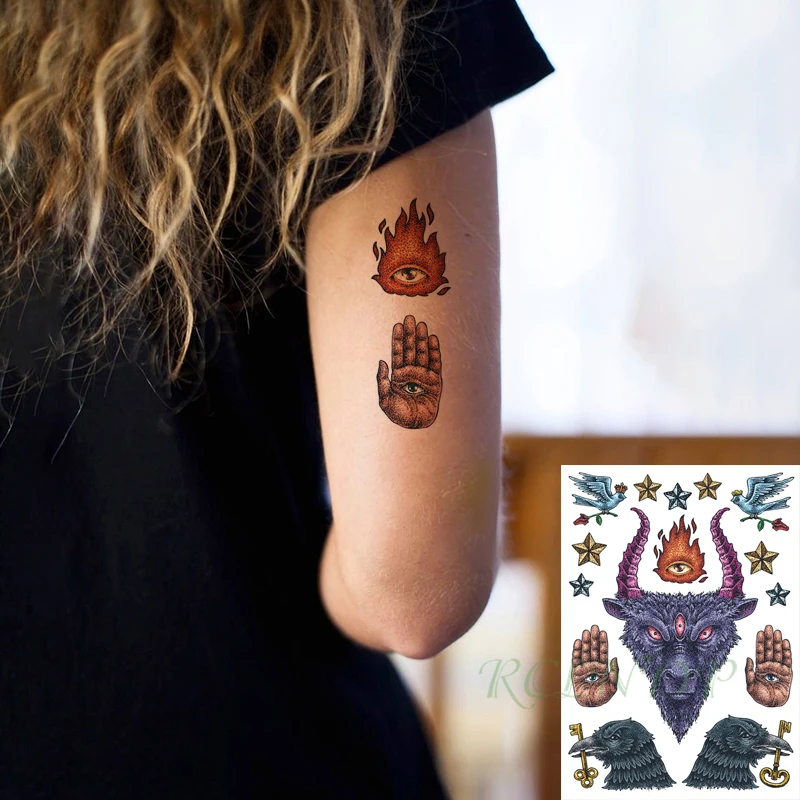 

Водостойкая временная татуировка наклейка огонь глаза овца птица Звезда Орел ключ флэш-тату поддельные татуировки большой размер боди-арт ...