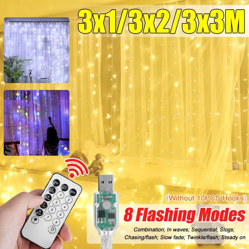 

СВЕТОДИОДНЫЙ занавес гирлянды Фея гирлянда дистанционного Управление 3M USB 8 режимов мигания для новогоднее; рождественское открытый свадеб...