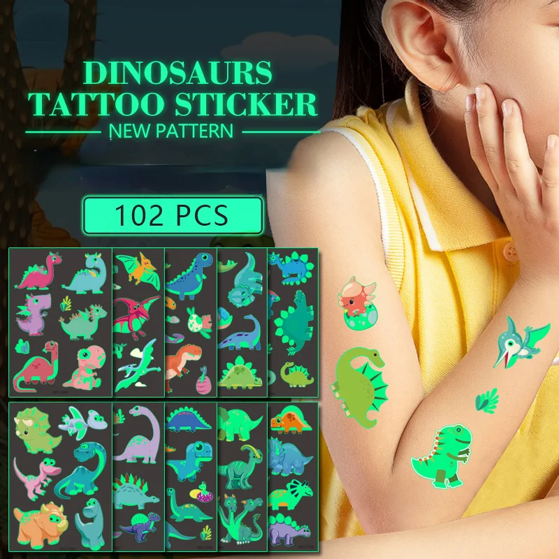 

Светящиеся наклейки для татуировок в виде динозавра, водостойкие временные флуоресцентные зеленые Мультяшные Стикеры для вознаграждения, ...