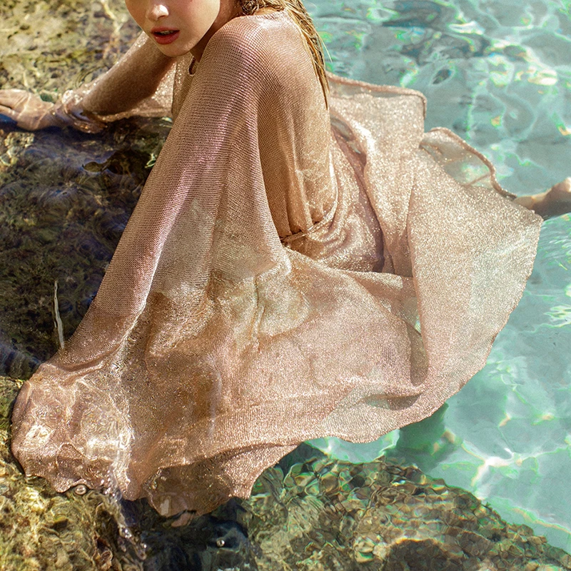 See though Gossamer Beach cover up Sexy bikini 2020 sash belt Long beach dress Gold tunic kimono o-neck swimwear women biquini | Женская