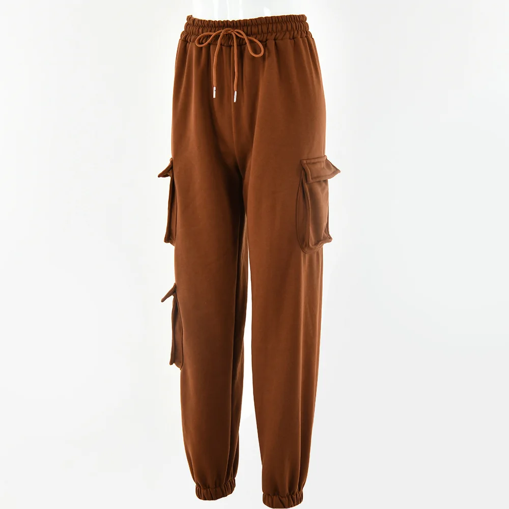 

Echoine Winter Satin Cargo Pants Women Long Pants Soft High Waist Jogger Pants Pockets Drawsting Korean Casual Yoga Sport