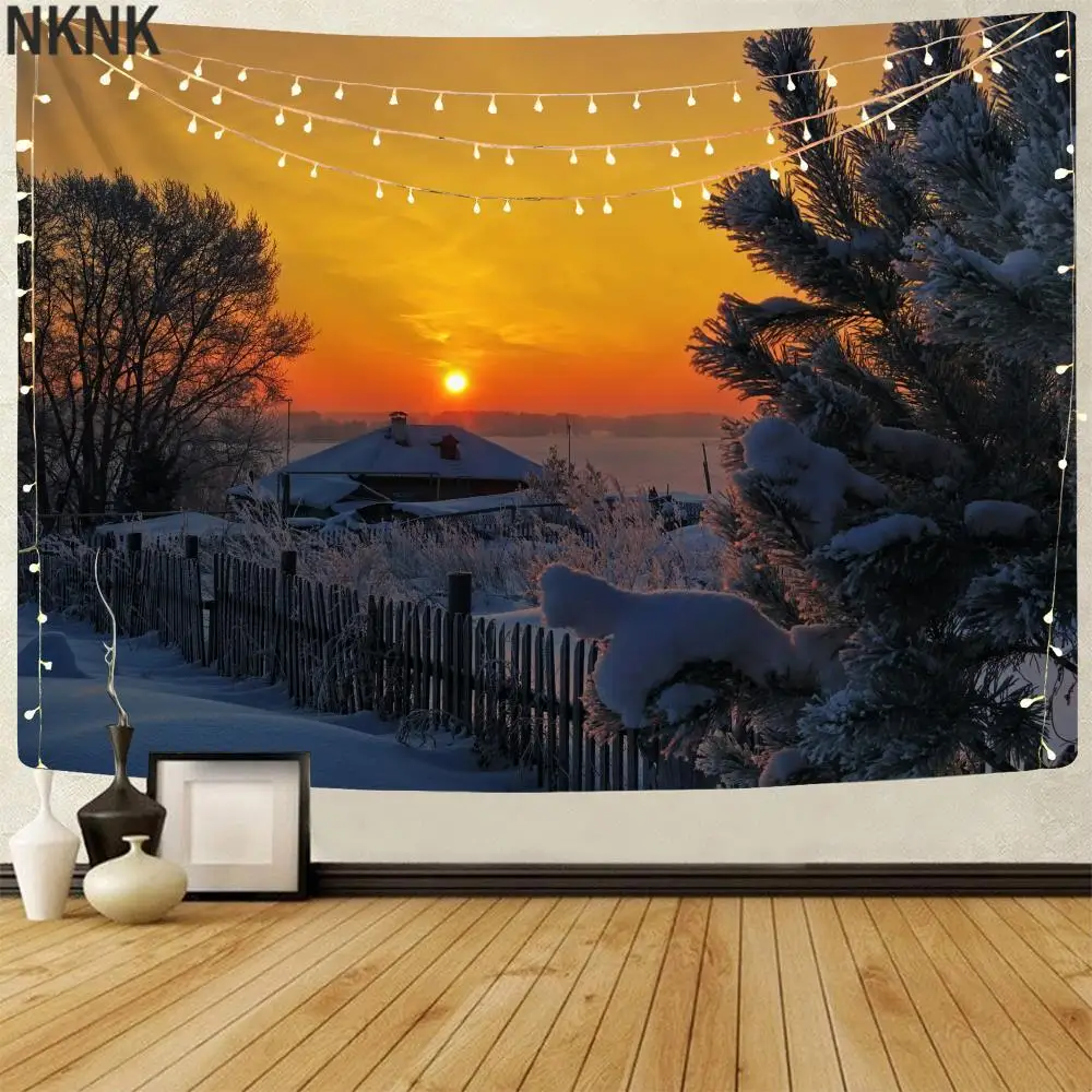

NKNK Brand Sunset Tapestry Houses Tenture Mandala Trees Home Tapestrys Snow Scene Wall Rugs Decor Boho decor High Quality