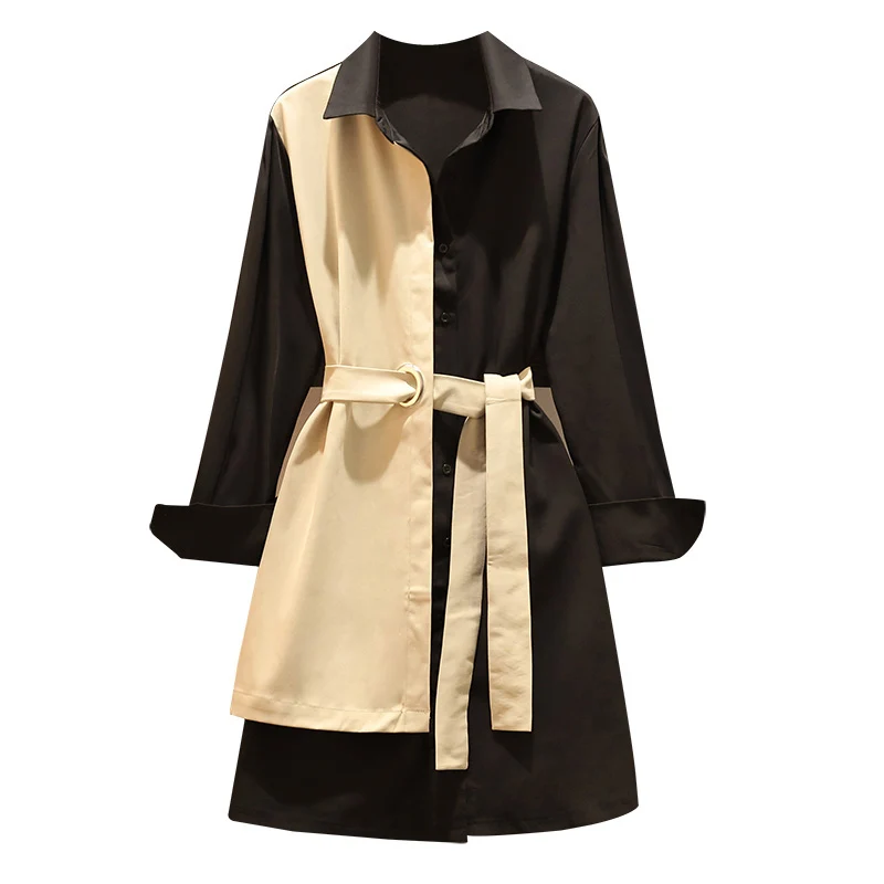 

2021 Spring Dresses Hit Color Patchwork Blouses Women Dress Korean Bow Tie Slim Waist Vestido Feminino New