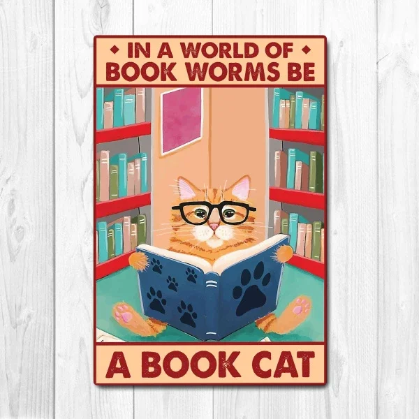 

В мире, полные книжных червей, металлическая жестяная кошка-книга, Клубное украшение для дома в стиле ретро, кафе-бар