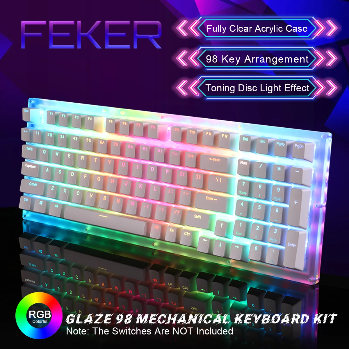 

FEKER Glaze98 Mechanical Gaming Keyboard Hotswap DIY kit And ABS Backlight Keycaps Set Clear Acrylic Case And 4pcs Switches Gift
