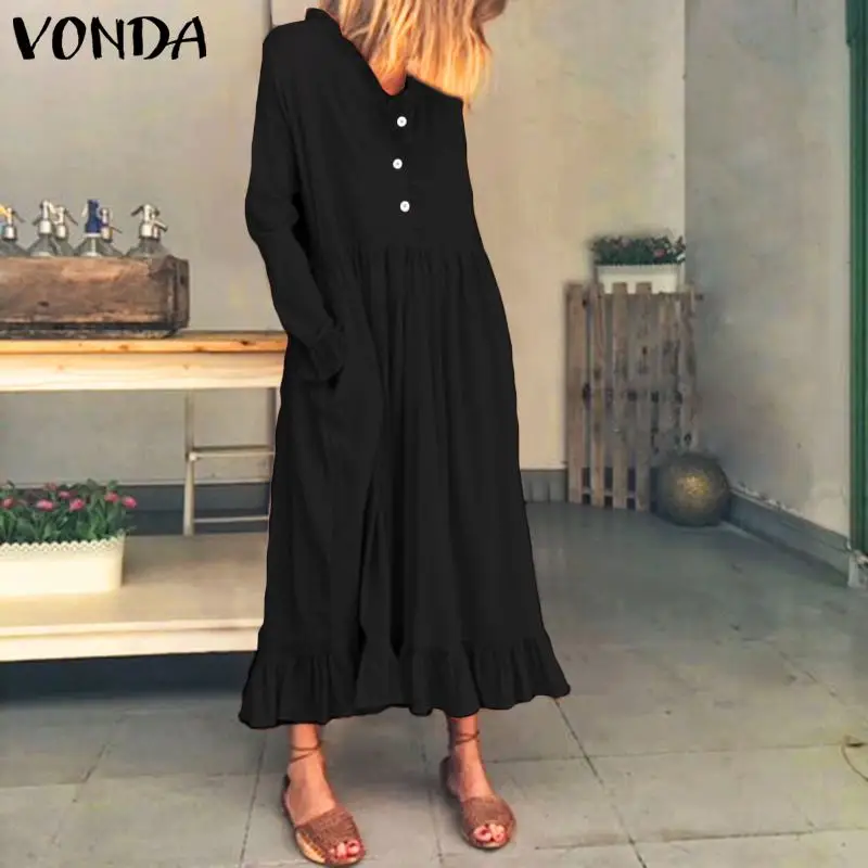 Женское Макси длинное платье VONDA повседневное свободное платье с длинным рукавом и рюшами богемное платье размера плюс сарафан S-5XL женское платье - Цвет: Черный