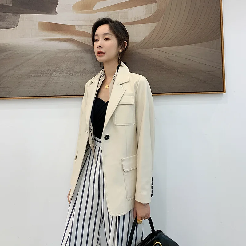 

2021 new autumn leather women's coat sheepskin Blazer leather coat mid length Korean slim