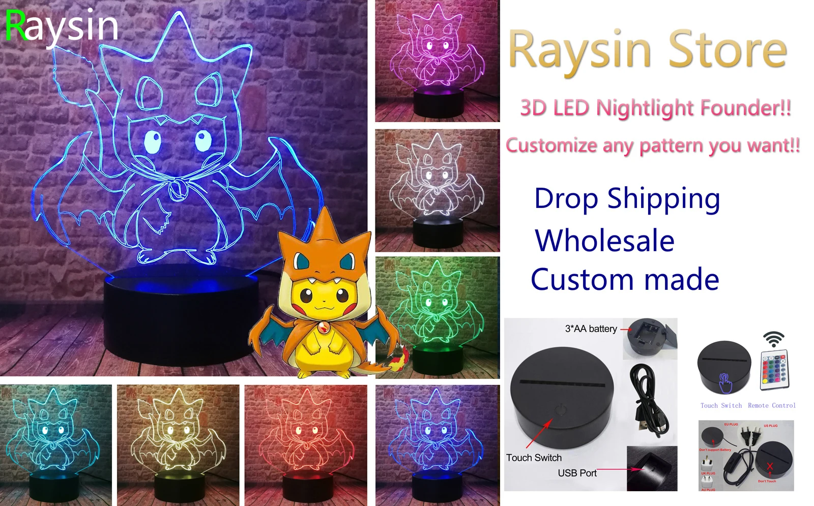 Покемон го фигурка 3D RGB лампа Пикачу Eevee черепаха птица огонь Дракон Pokeball мяч Bulbasaur