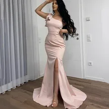 Vestidos de Noche de sirena rosa, sexys, un hombro, satén, abertura lateral, elegante, fiesta larga, 2021 (3)