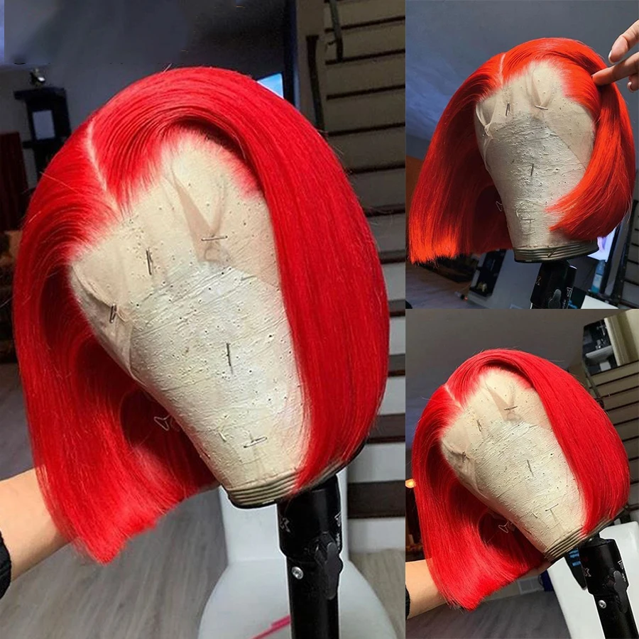 

Straight Red Color Short Cut Bob Remy Human Hair 13x4 Lace Front Wigs With Natural Hairline With Baby Hair Glueless 150% Density