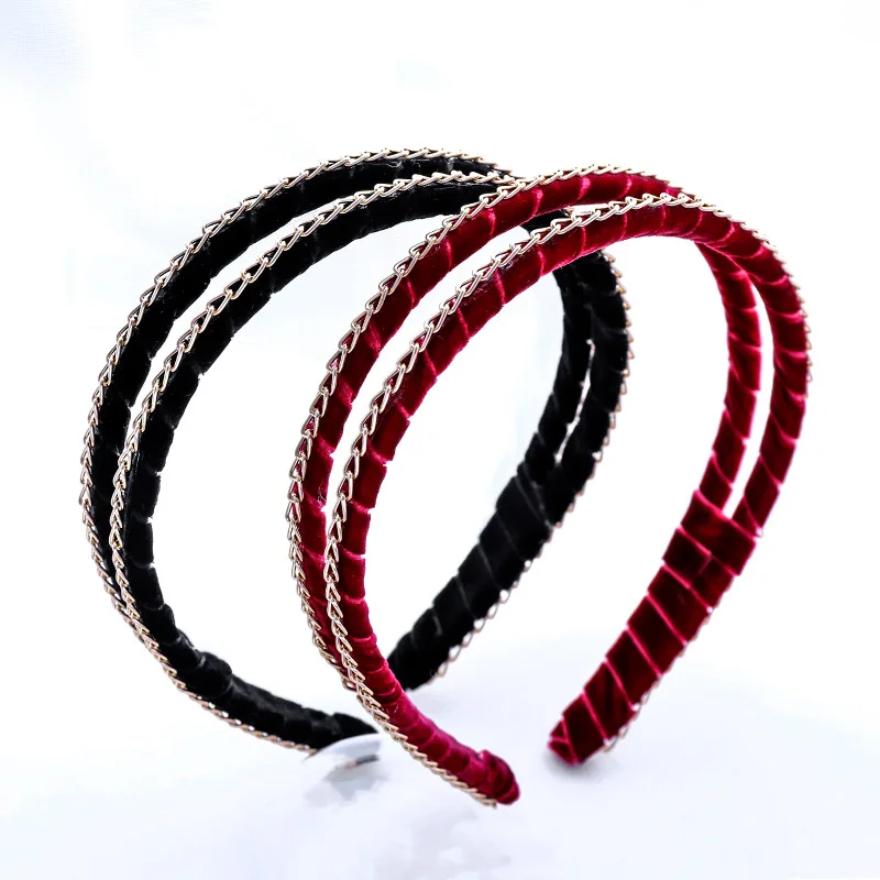 Handmade Double-raw Chain Decor Hair Hoop Hairband Women Velvet Headband