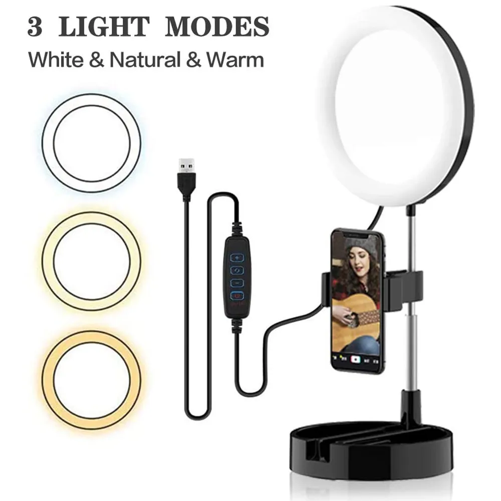 

Selfie Ring Light with Stand Phone Holder Tiktok Lights Vlog Ringlight Makeup Lights 6.3" LED Foldable Phone Dimmable Light