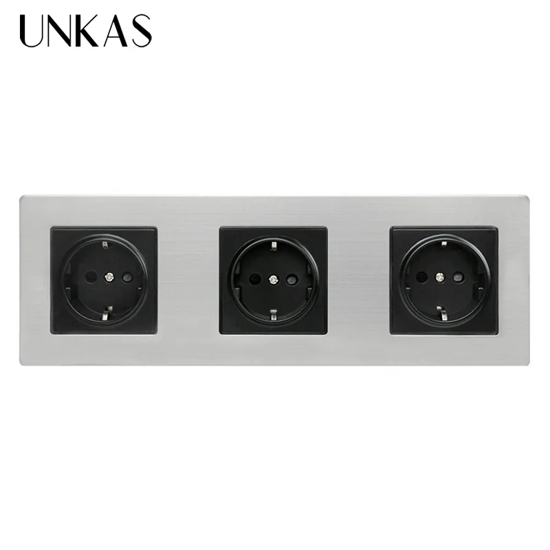 

UNKAS Нержавеющая сталь Панель тройной розетки 16A ЕС Россия Испания электрическая розетка серебристый, черный ребенок защитной дверью